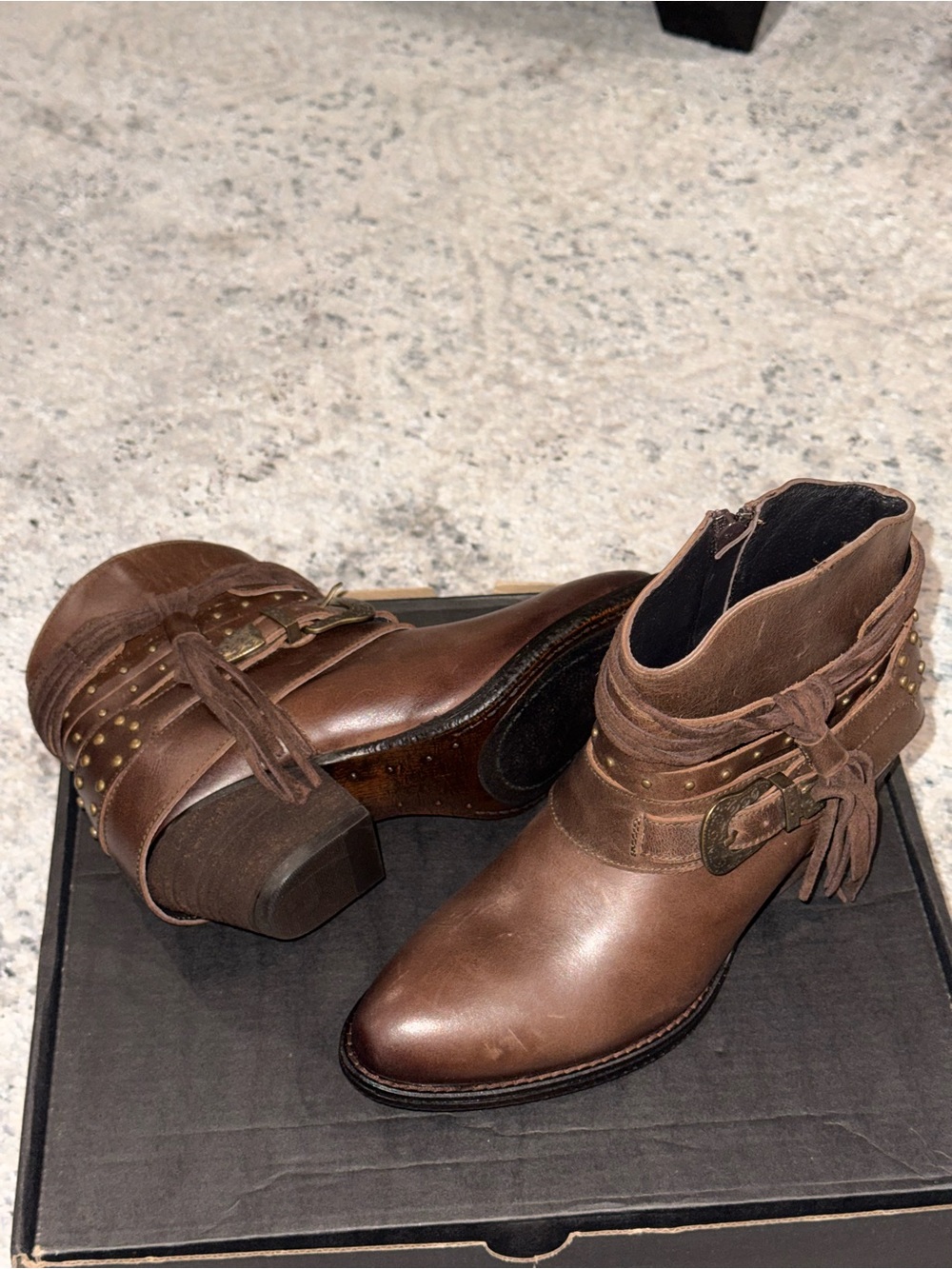Circle G Brown Leather Ankle Booties with Buckle & Stud Trim
